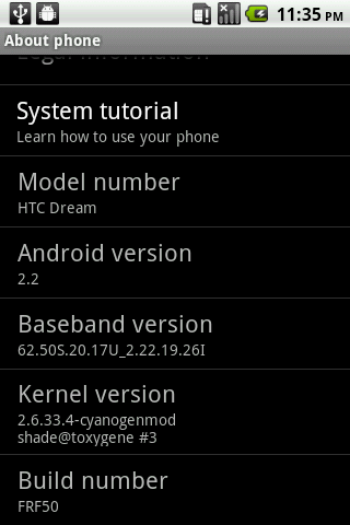 Rogers HTC Dream Android 2.2 OS Update FRF50 32a Alpha