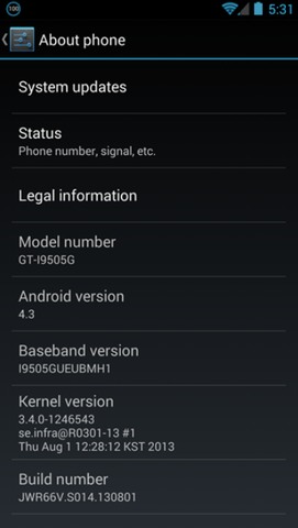 Samsung GT-i9505G Galaxy S4 Google Play Edition Android 4.3 OTA System Update JWR66W
